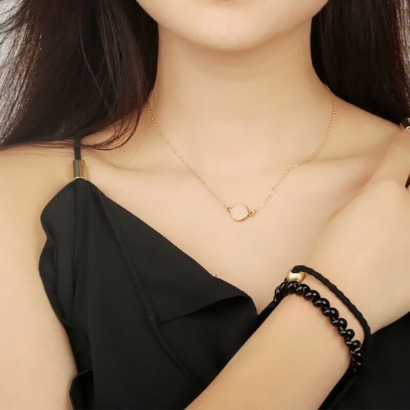 Peach Druzy Round Circle Pendant Dainty Minimalist Gold Chain Necklace - Picture 2 of 14